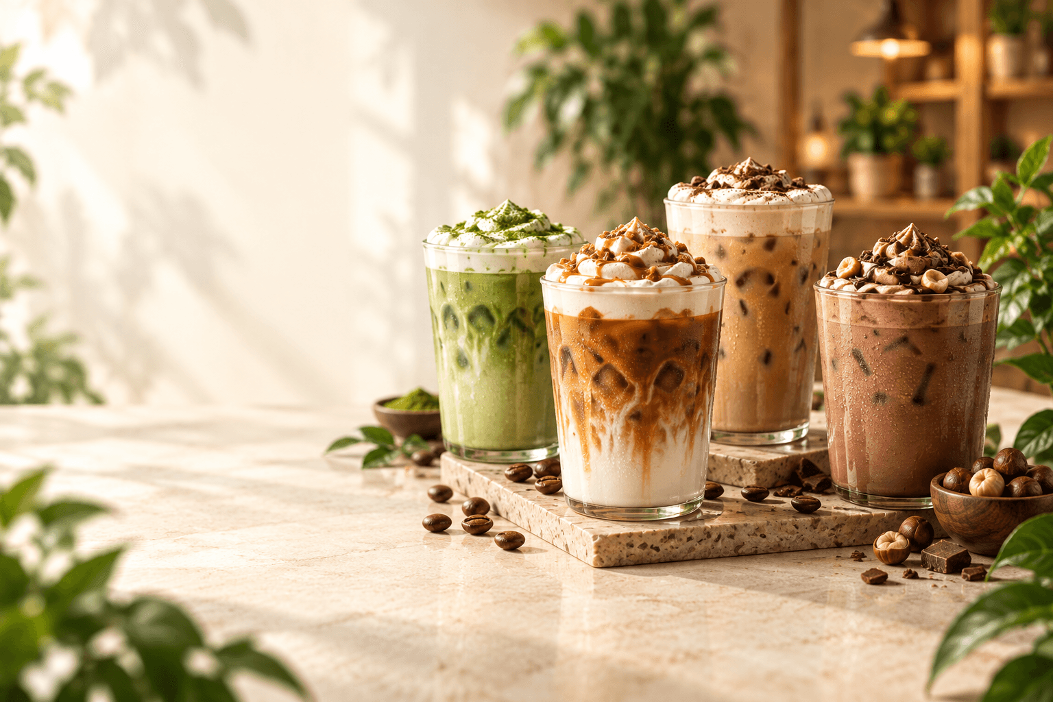 Iced lattes and matcha on a sunlit marble counter.