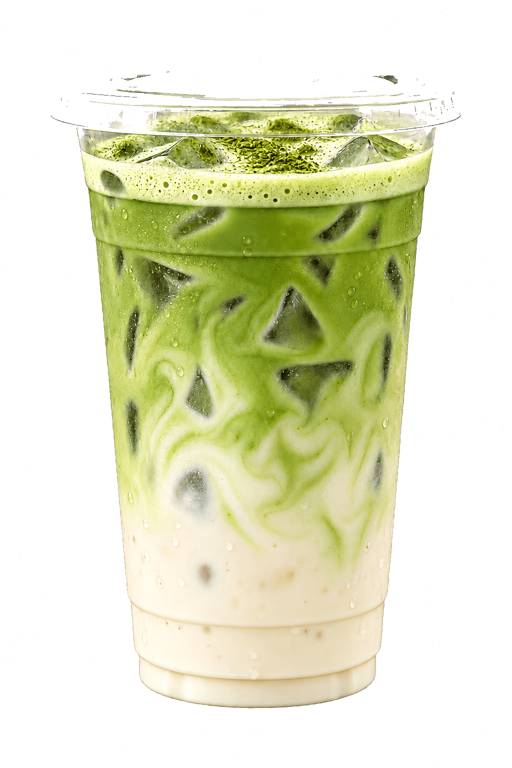 An iced matcha latte in a clear cup.
