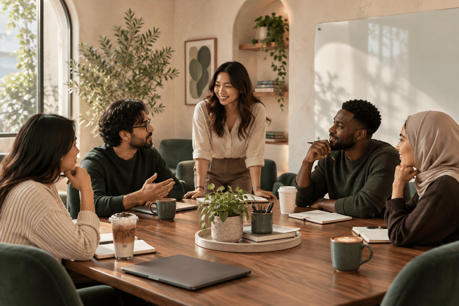 A team catching up over coffee at a long table.