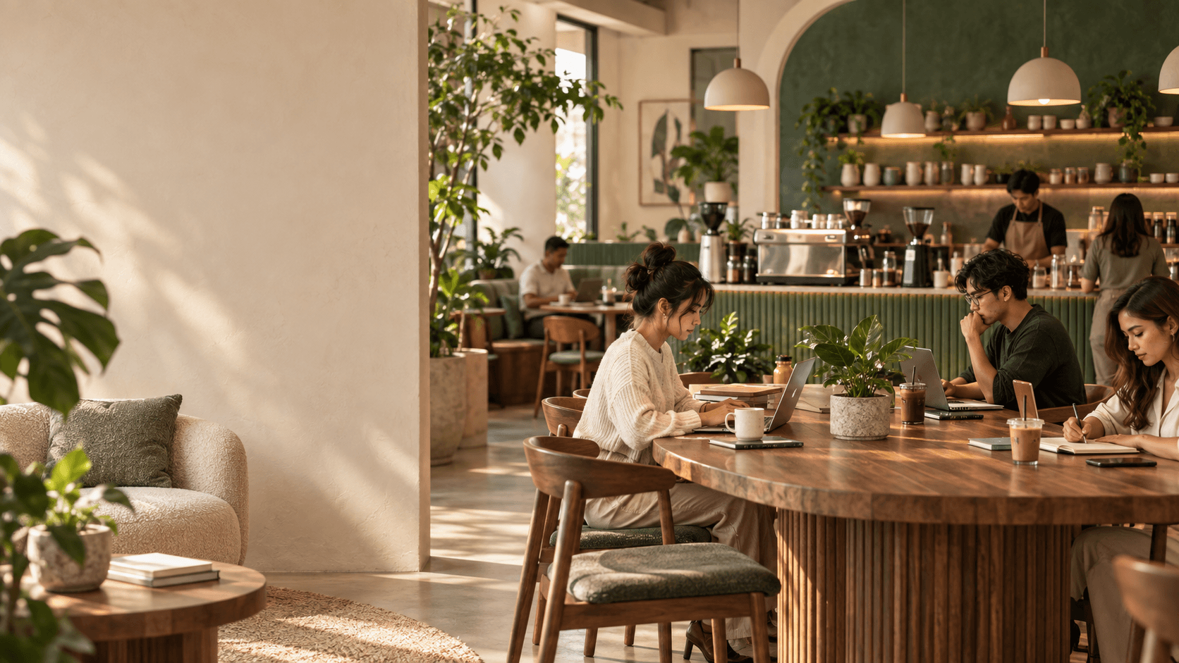 Warm Enclave café with a communal table and coffee bar.
