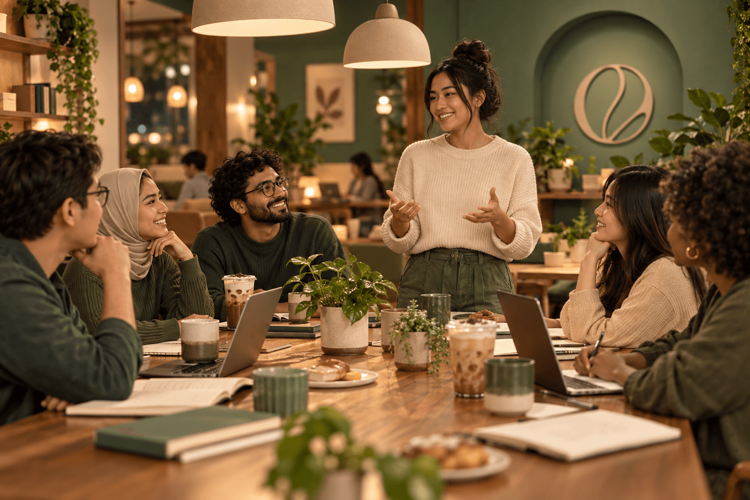 A community evening on the main floor under warm pendant lamps.