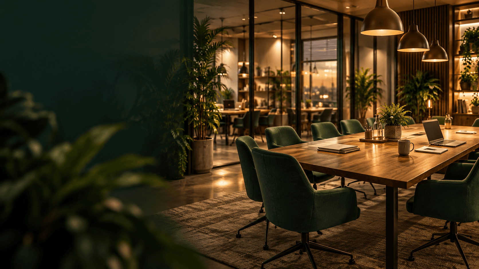The Enclave conference room behind glass: a walnut table, green chairs and plants.