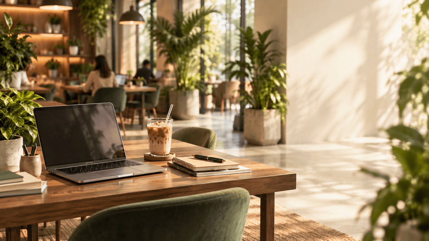 A laptop, an iced coffee and a notebook on a warm wooden desk at Enclave Main.