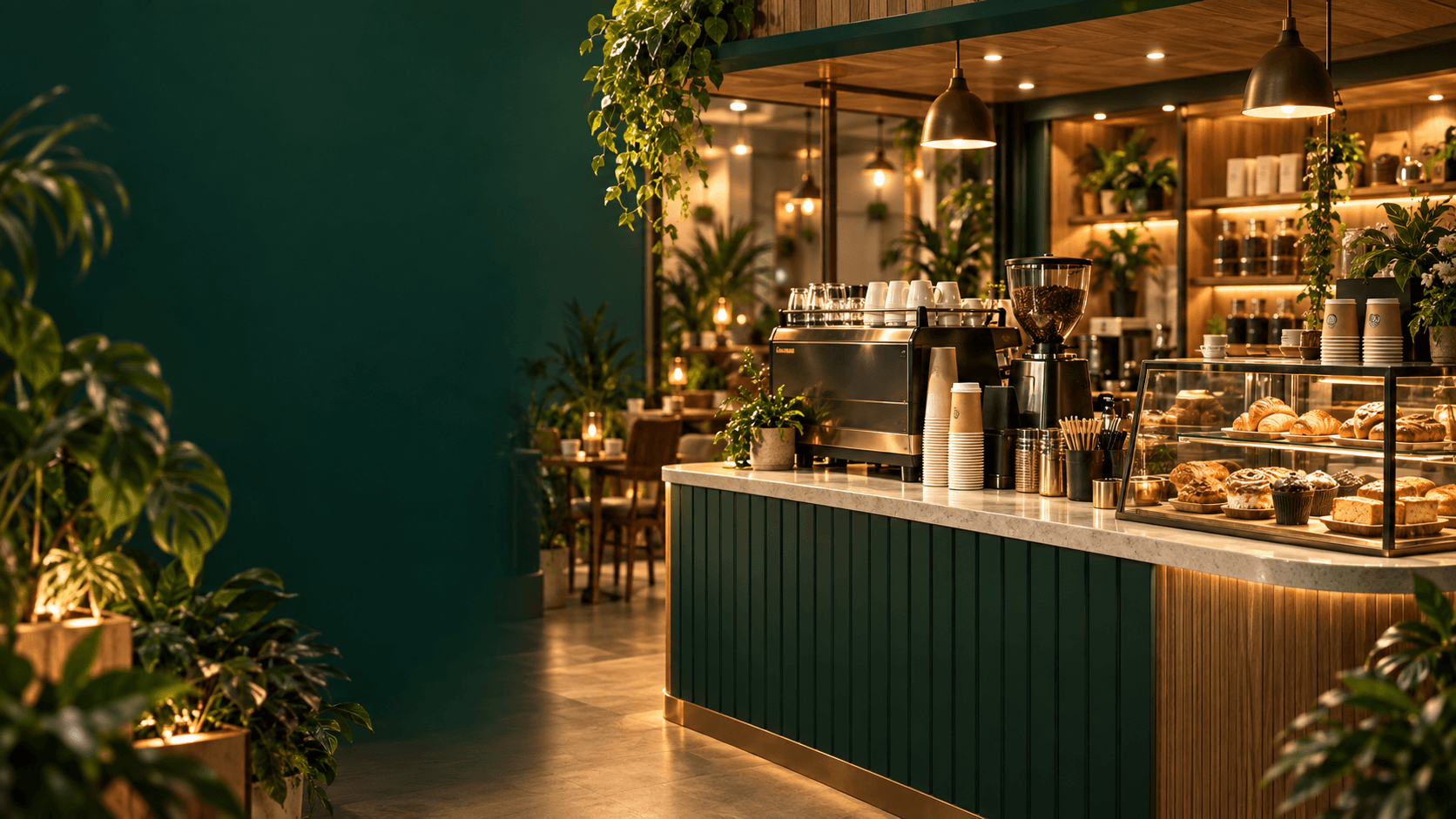 Enclave Express coffee counter with a fluted green bar and a pastry case.