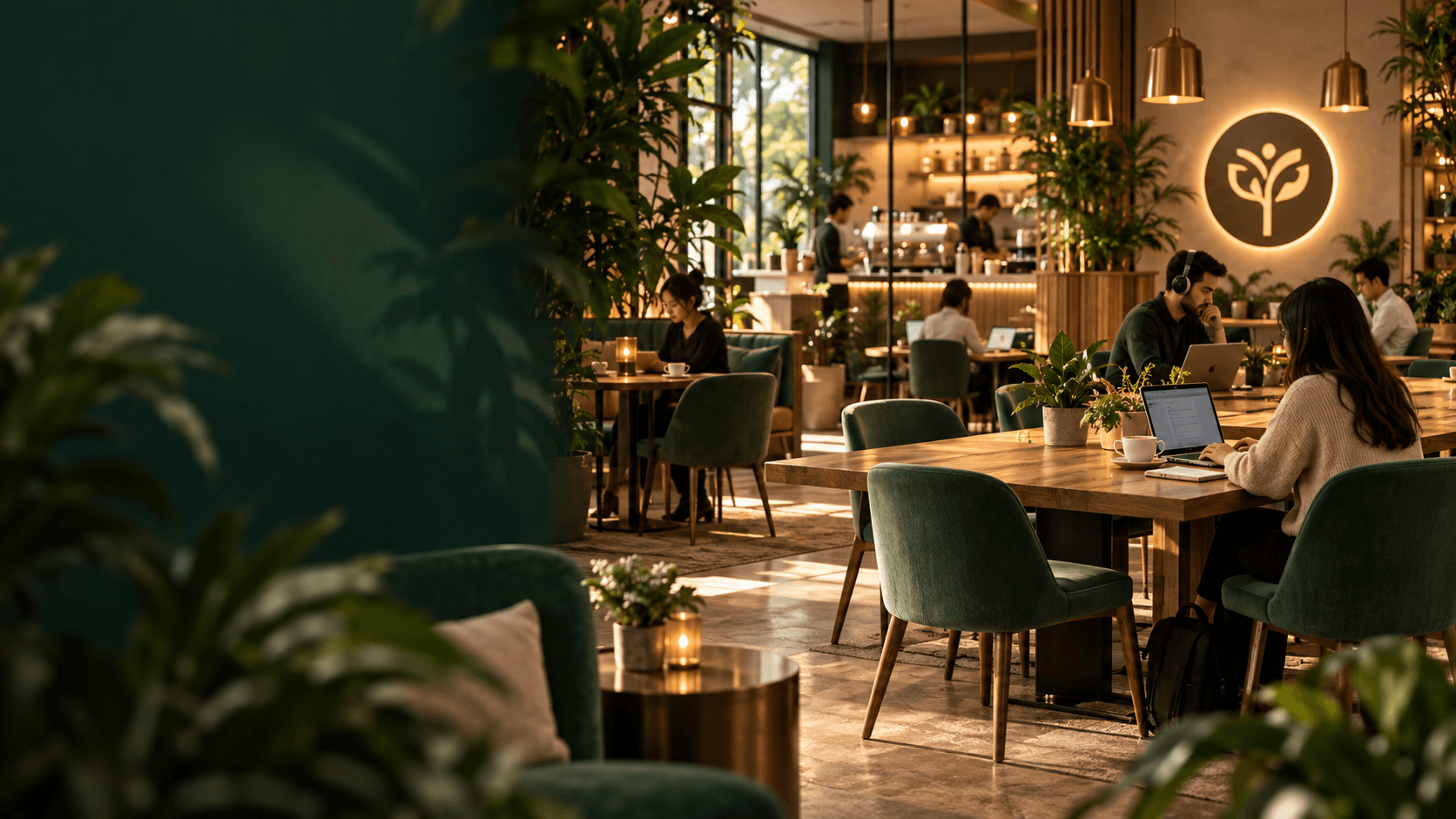 Enclave Main with forest green walls, communal worktables and people working.
